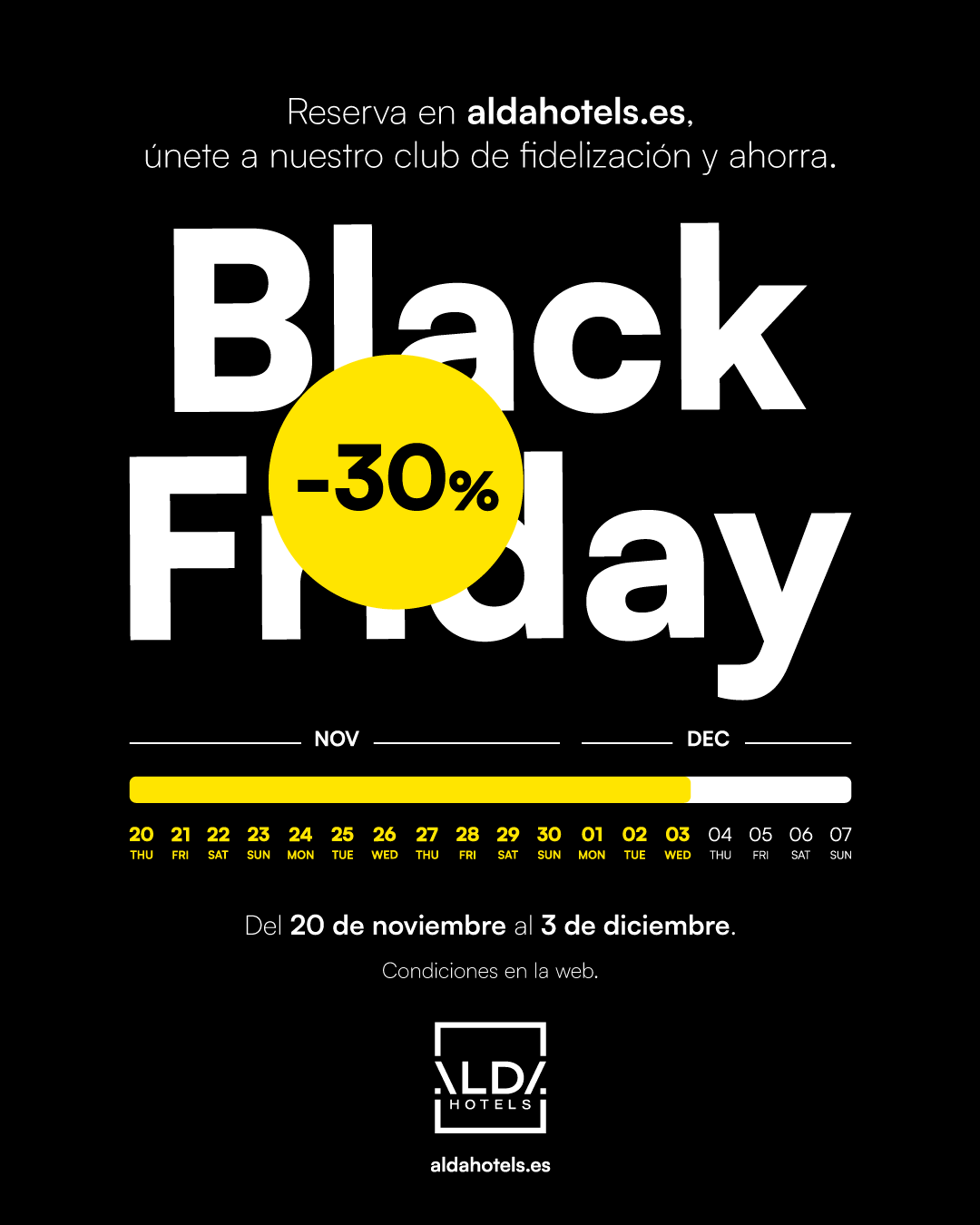 Cartel promocional en negro y amarillo del Black Friday de Alda Hotels con un 30 por ciento de descuento