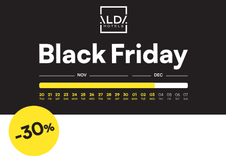 Banner del Black Friday de Alda Hotels con calendario de fechas y descuento del 30 por ciento