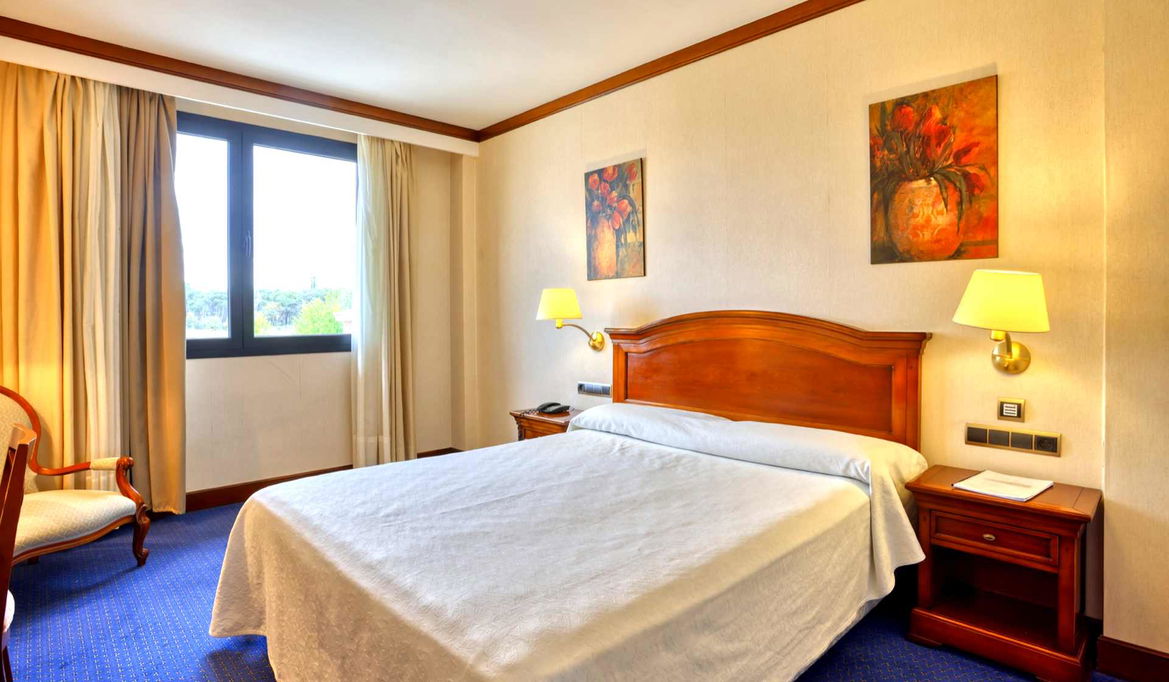 Habitación con ventana y luz natural cálida Cama doble con vistas en la ventana del Hotel Alda Villa de Almazán