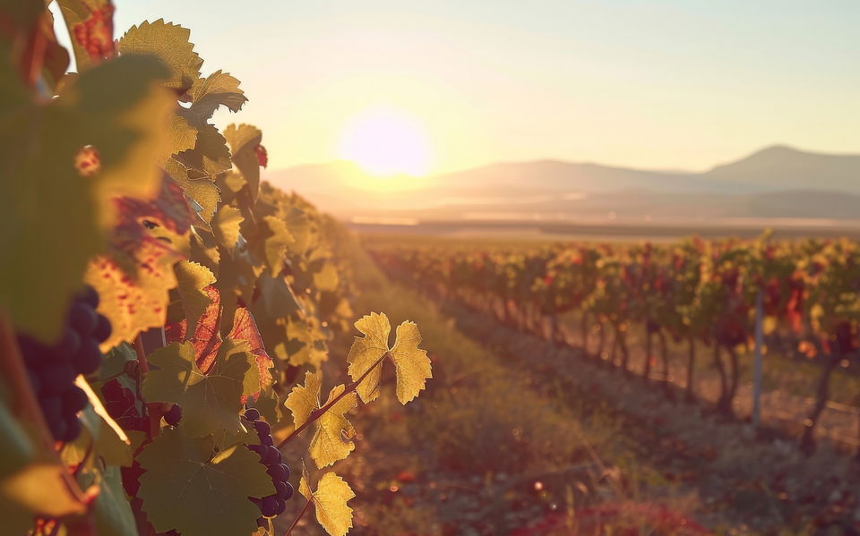 Racimos de uva en una viña al atardecer con montañas difuminadas al fondo