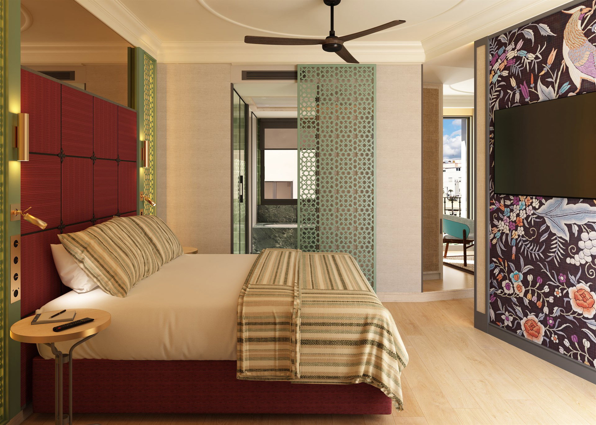 Dormitorio con cabecero granate, panel de papel pintado floral con un ave junto al televisor y celosía calada verde agua