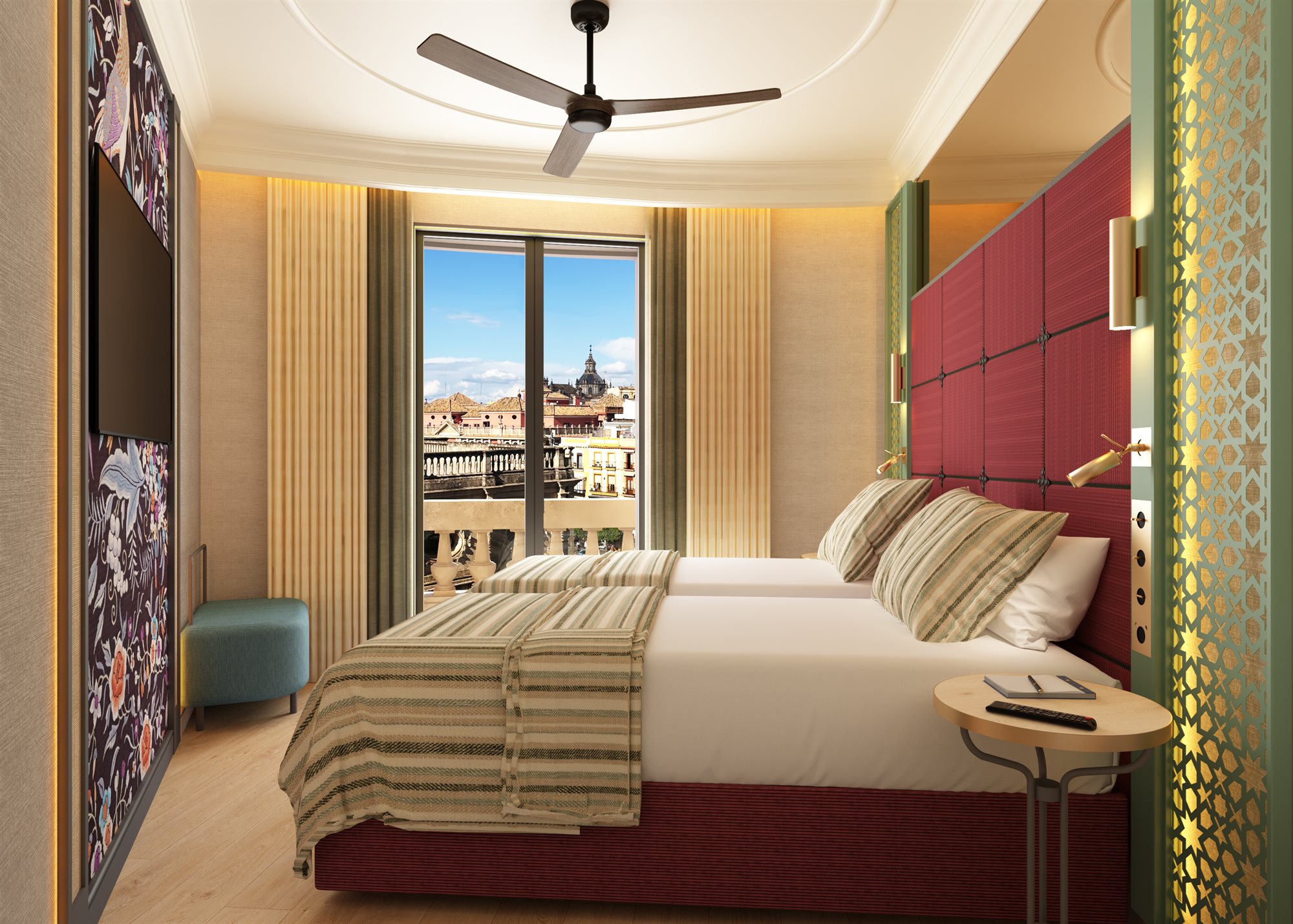 Dormitorio con dos camas individuales, cabecero granate acolchado, ropa de cama a rayas y balcón con vistas a los tejados y torres del centro de Sevilla