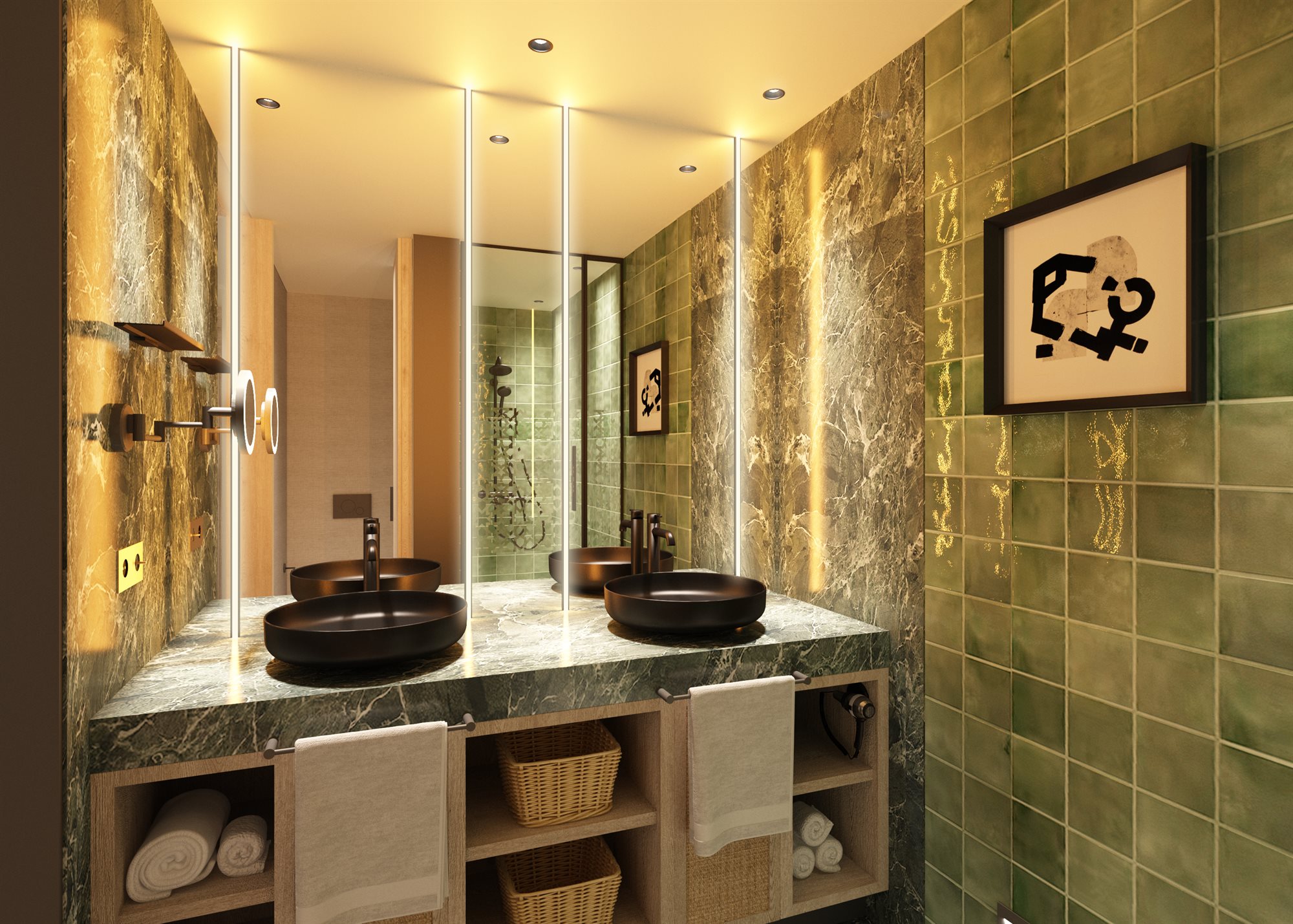Baño con encimera de mármol verde, dos lavabos redondos negros, espejo retroiluminado y pared de azulejo verde oliva, con toallas enrolladas y cestas de mimbre bajo el mueble