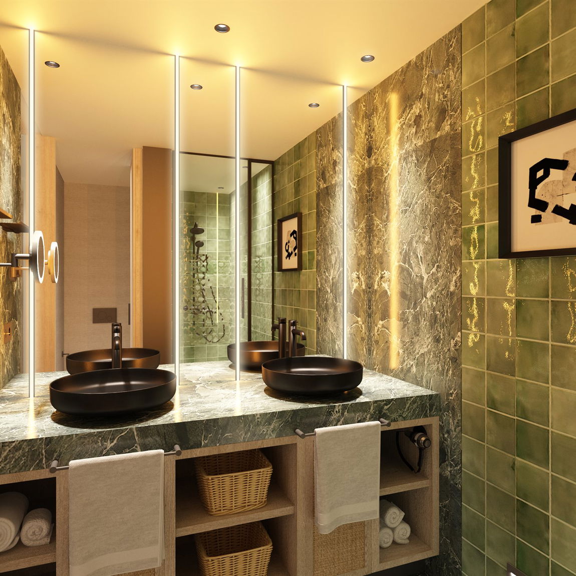 Baño con encimera de mármol verde, dos lavabos redondos negros, espejo retroiluminado y pared de azulejo verde oliva, con toallas enrolladas y cestas de mimbre bajo el mueble
