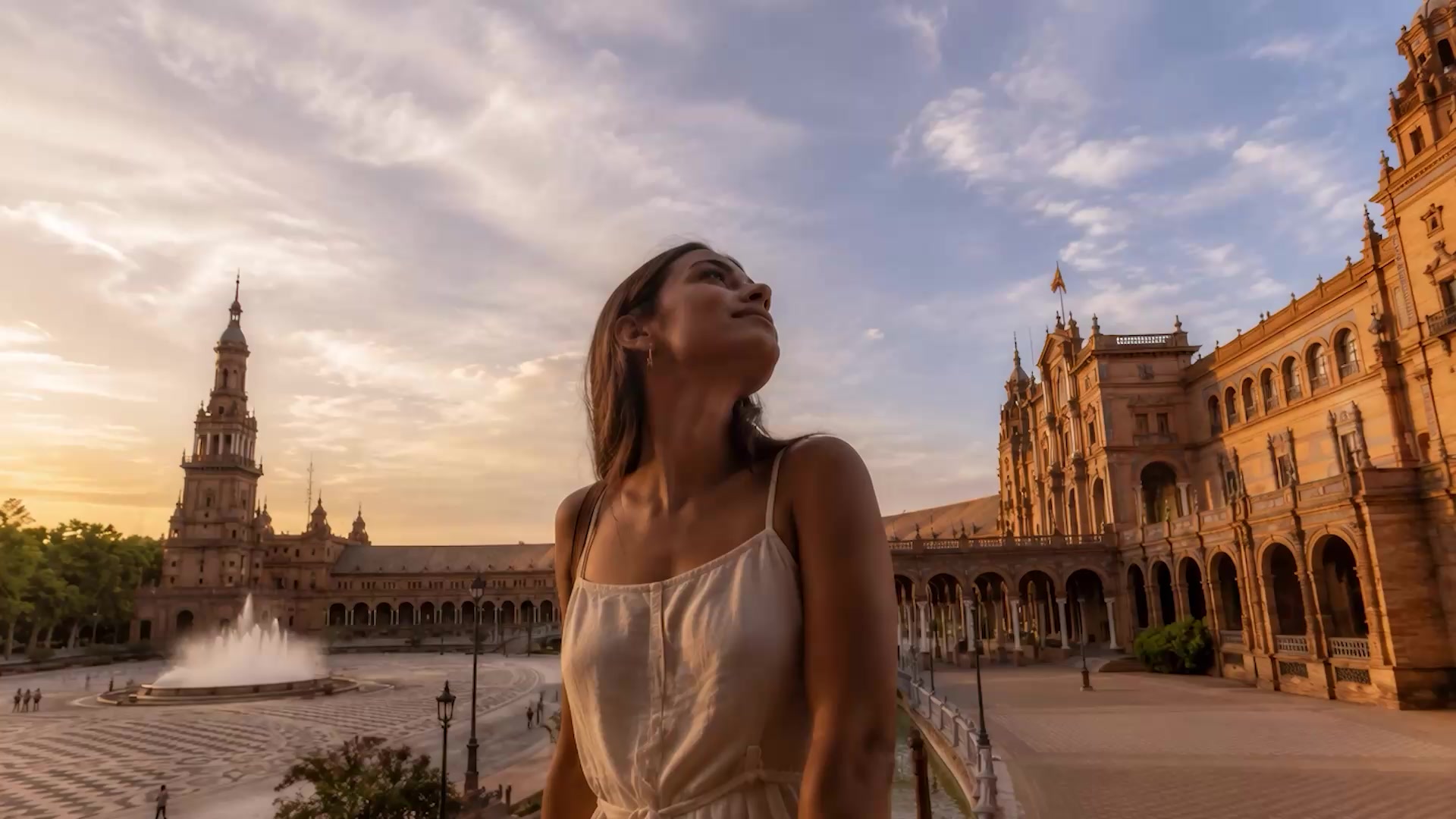 Mujer con vestido blanco contemplando el atardecer en la Plaza de España de Sevilla, con la torre y la fuente al fondo