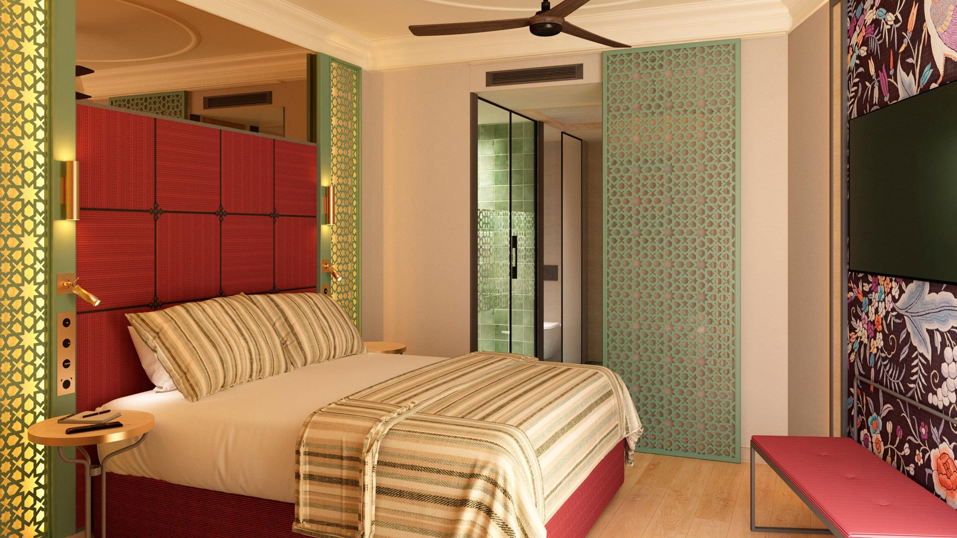 Dormitorio con cama de matrimonio, cabecero granate acolchado, celosía calada verde agua y baño de azulejo verde al fondo