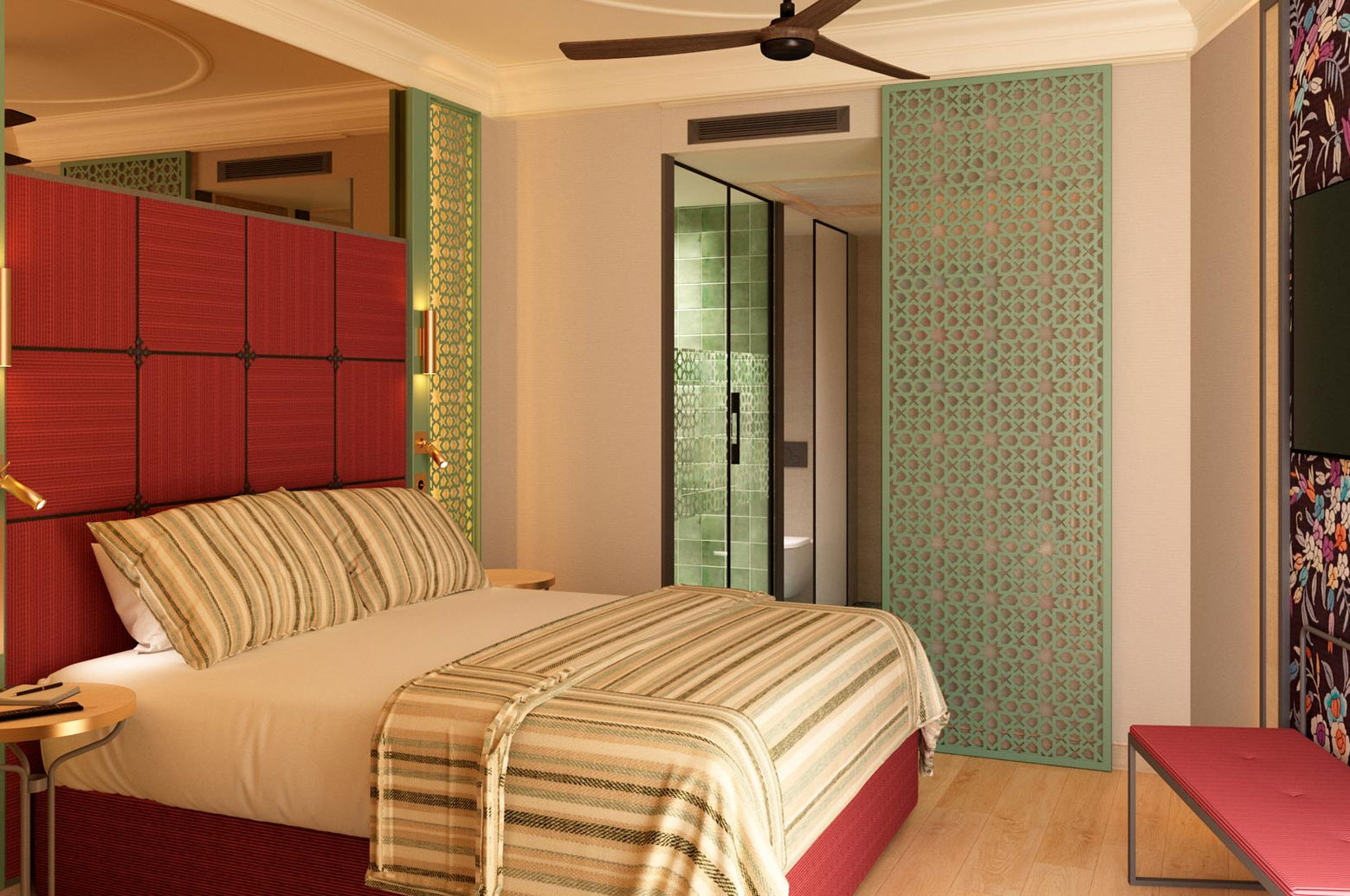 Dormitorio con cama de matrimonio, cabecero granate acolchado, celosía calada verde agua y baño de azulejo verde al fondo
