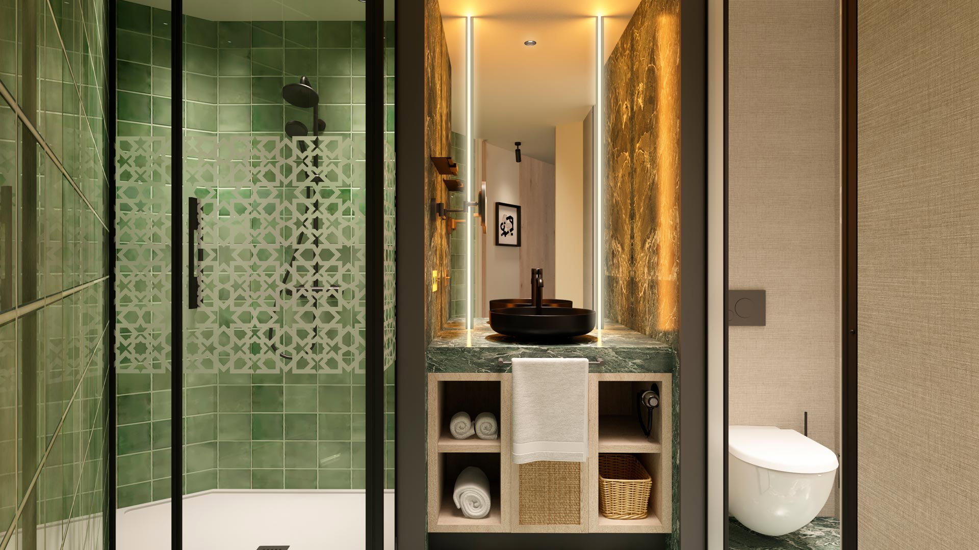 Baño con ducha de azulejo verde y mampara de cristal, lavabo negro sobre mármol verde y aseo independiente