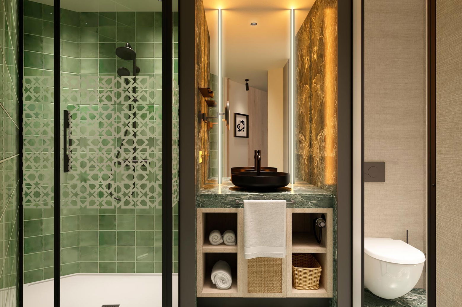 Baño con ducha de azulejo verde y mampara de cristal, lavabo negro sobre mármol verde y aseo independiente