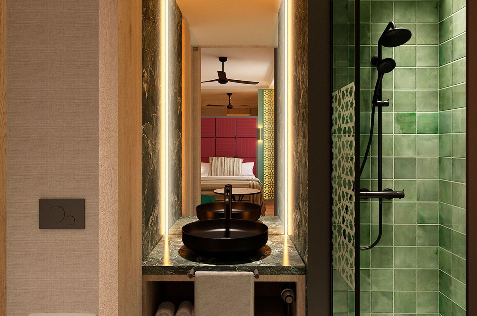 Baño con ducha de azulejo verde, lavabo negro sobre mármol verde y espejo retroiluminado