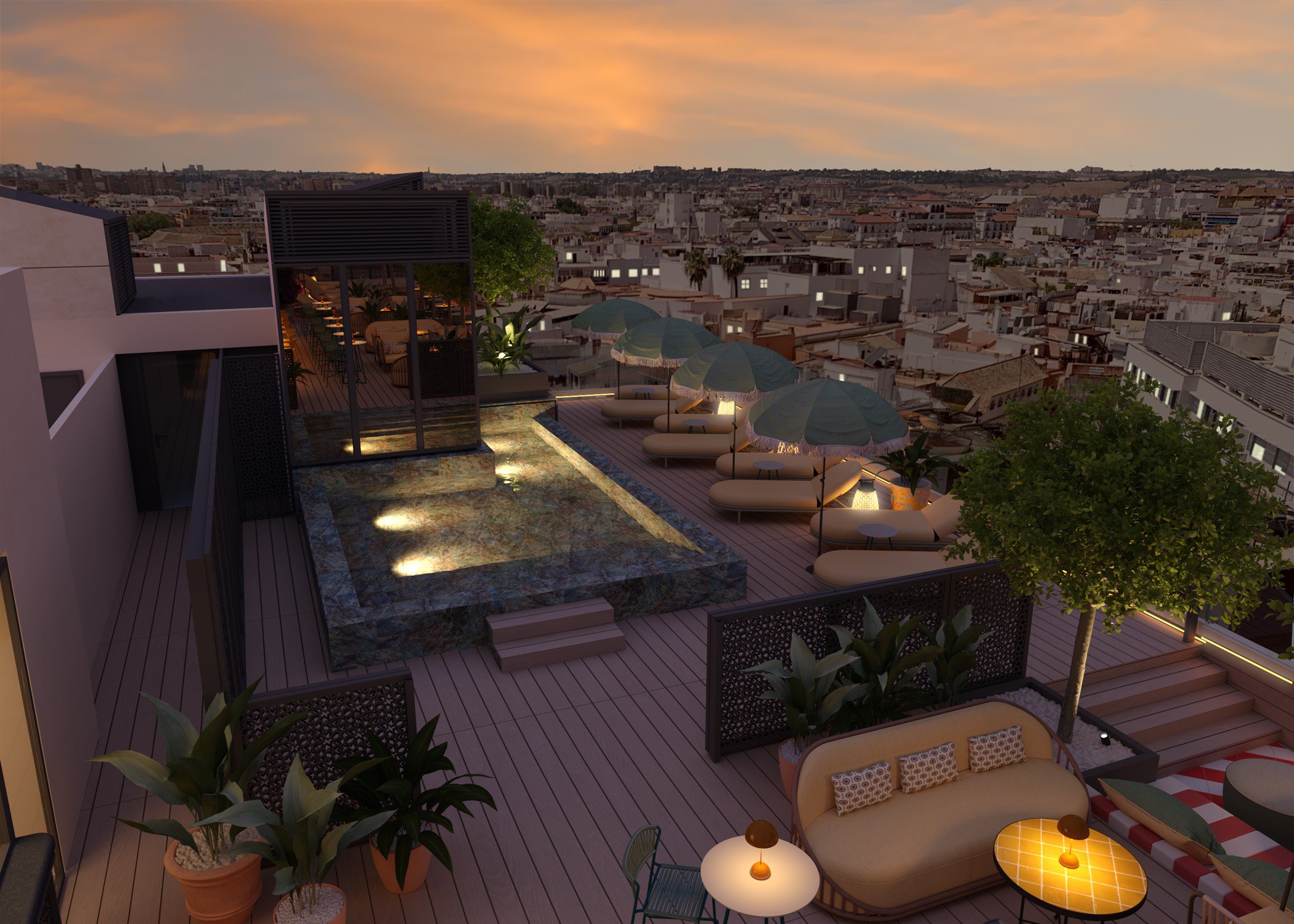 Piscina de la azotea al atardecer con tumbonas, palmeras y vistas al skyline de Sevilla