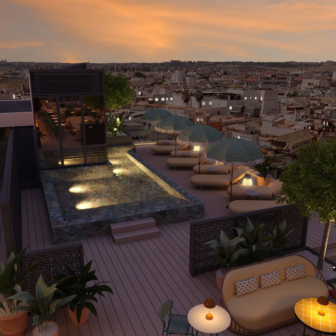 Piscina de la azotea al atardecer con tumbonas, palmeras y vistas al skyline de Sevilla