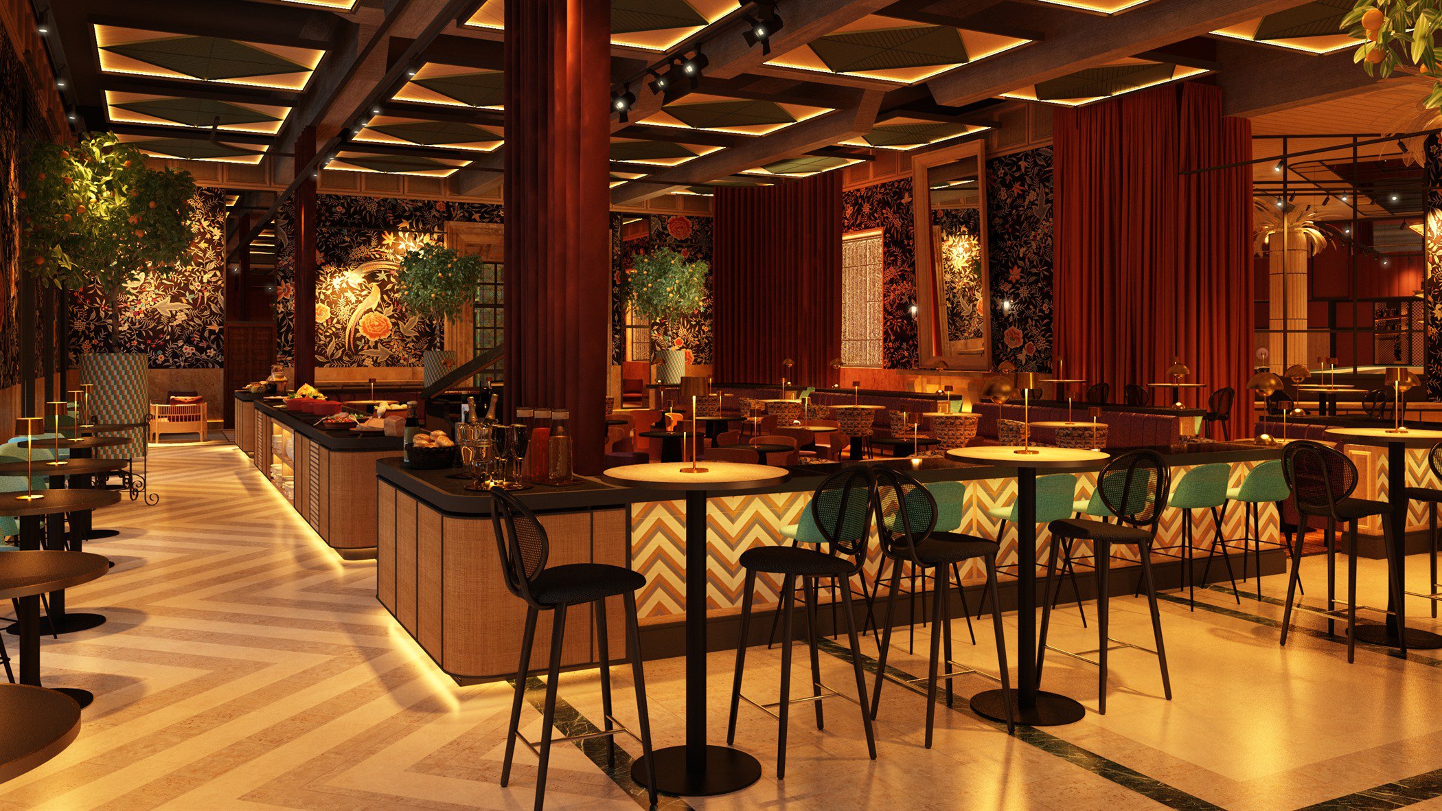 Sala del restaurante con plantas colgantes, techo de listones de madera y cortinas granates
