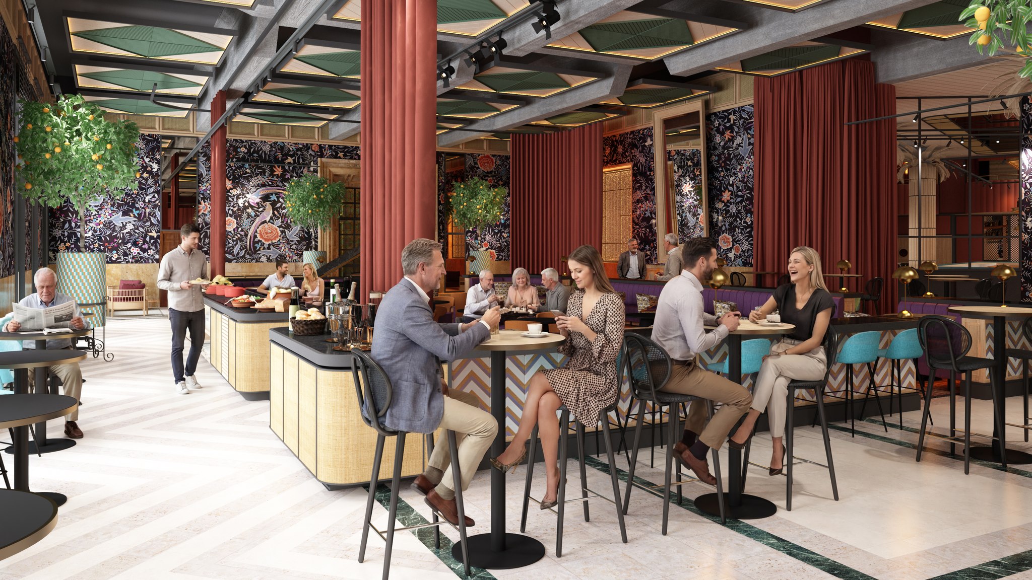 Clientes desayunando junto a los mostradores del buffet, con mesas altas y naranjos