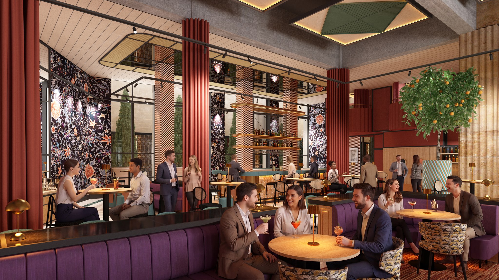 Zona lounge con banquetas de terciopelo morado y mesas preparadas para tomar cócteles