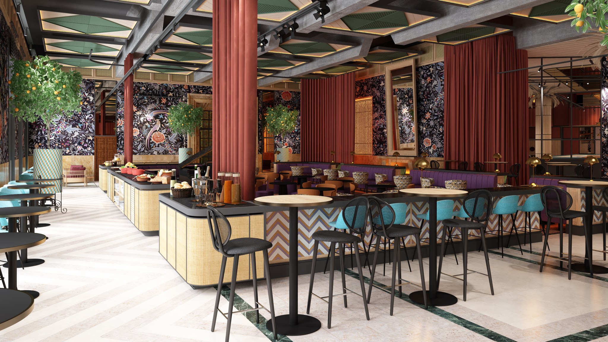 Mostradores del buffet con la comida expuesta y mesas altas alrededor