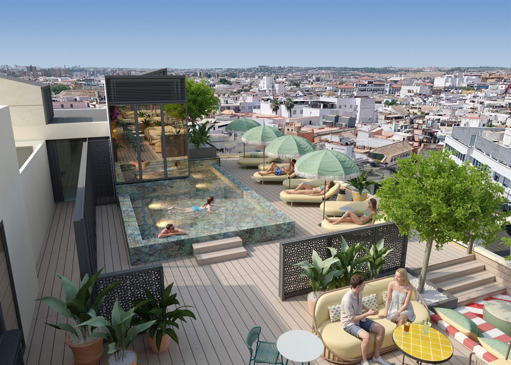 Piscina de la azotea de día con sombrillas, tumbonas y vistas al centro histórico de Sevilla