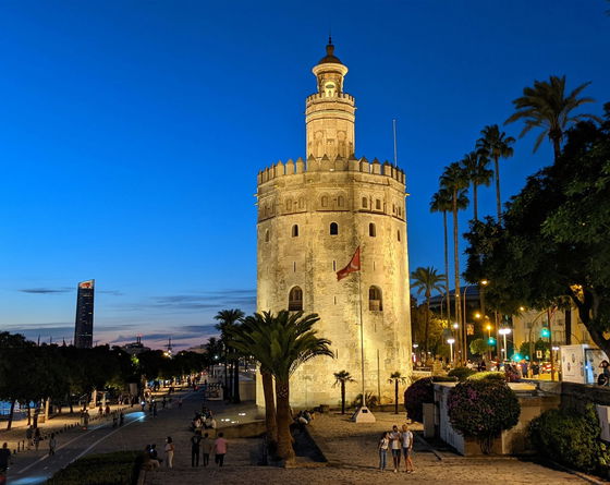 La Torre del Oro iluminada de noche junto al paseo del río Guadalquivir, con palmeras alrededor