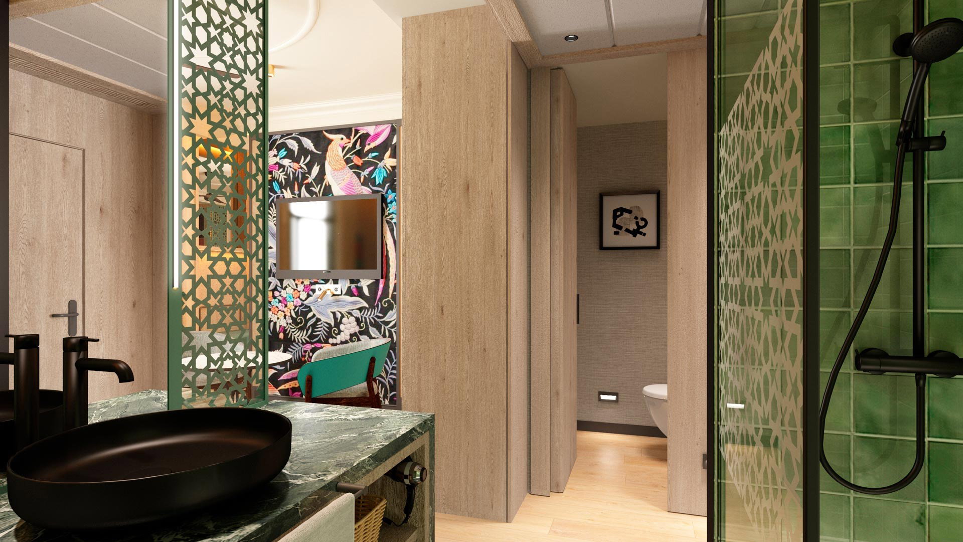 Baño con lavabo negro, ducha de azulejo verde y aseo independiente