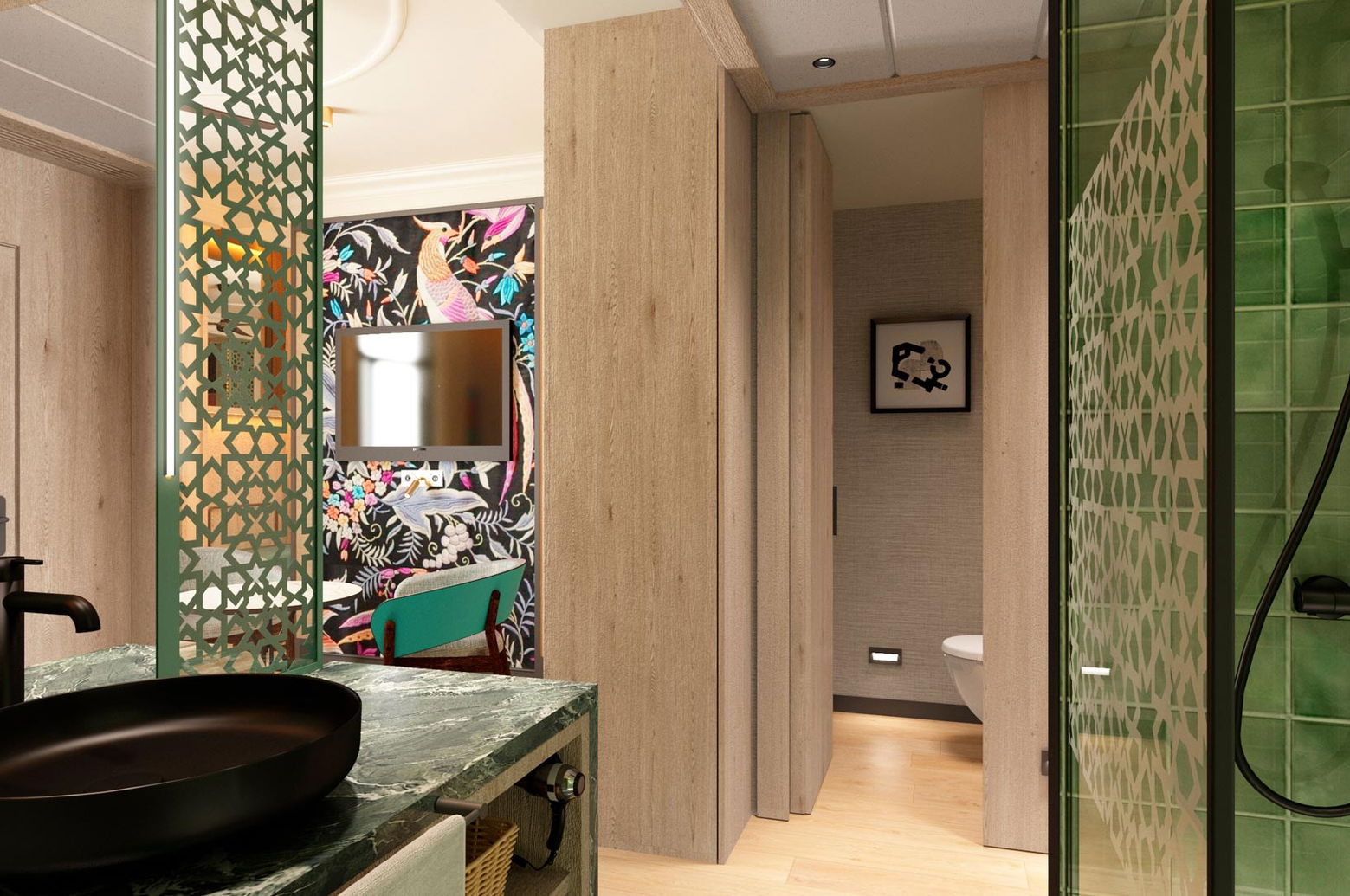 Baño con lavabo negro, ducha de azulejo verde y aseo independiente
